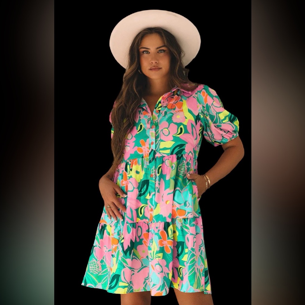 Floral Multicolor Dress with Puff Sleeves